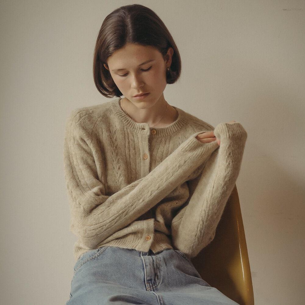 Soft round neck knit cardigan_Beige