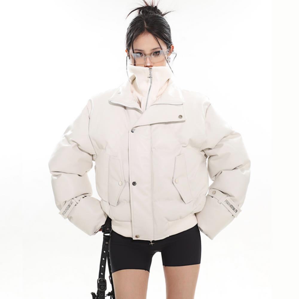 UNCMHISEX 잠바 화이트 메탈릭 재킷 페이크 투피스 스탠드 칼라 하이넥 점퍼