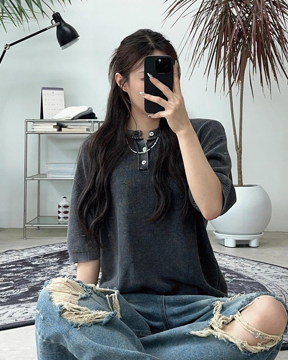 쿤 피그먼트 헨리넥 니트 반팔