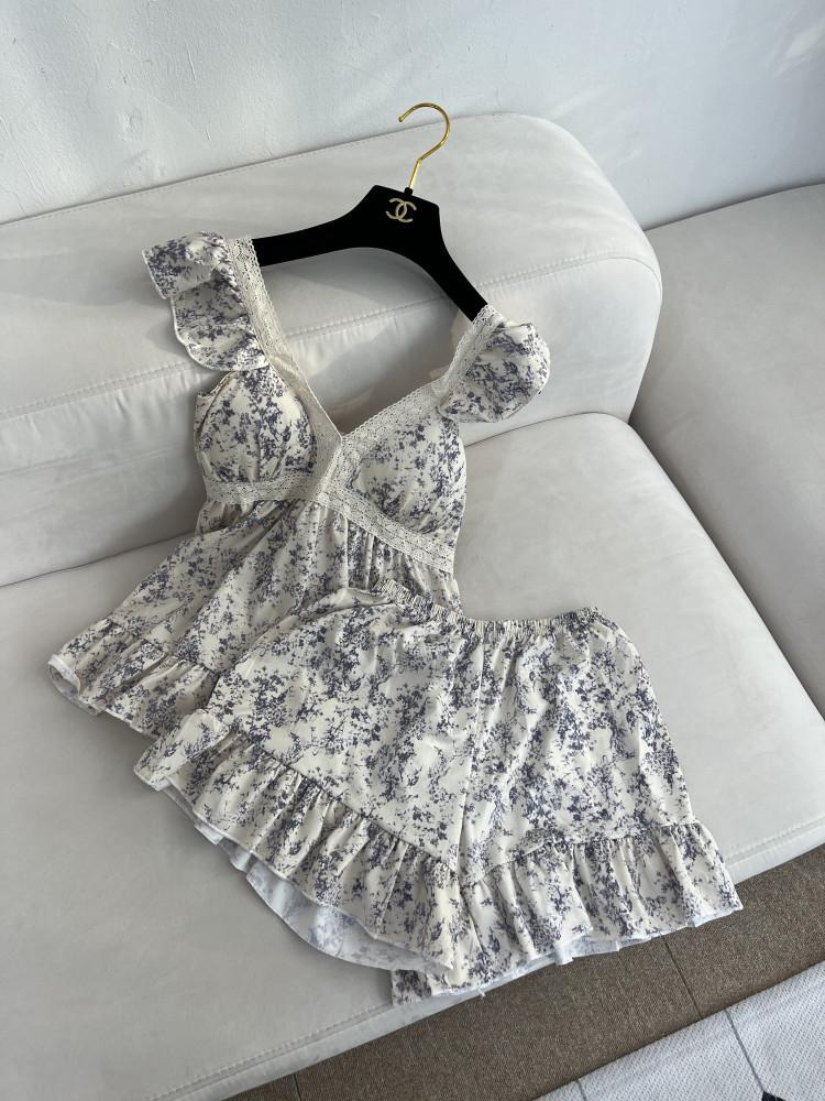 로슈 나염 프릴 홈웨어 잠옷 투피스 세트