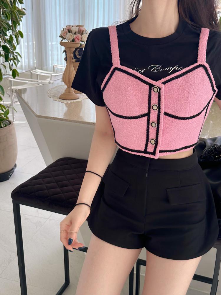 (단독진행/단품)팬지 크롭 트위드 뷔스티에 2color 셋업 3피스 숏 조끼 레이어드 나시 세트