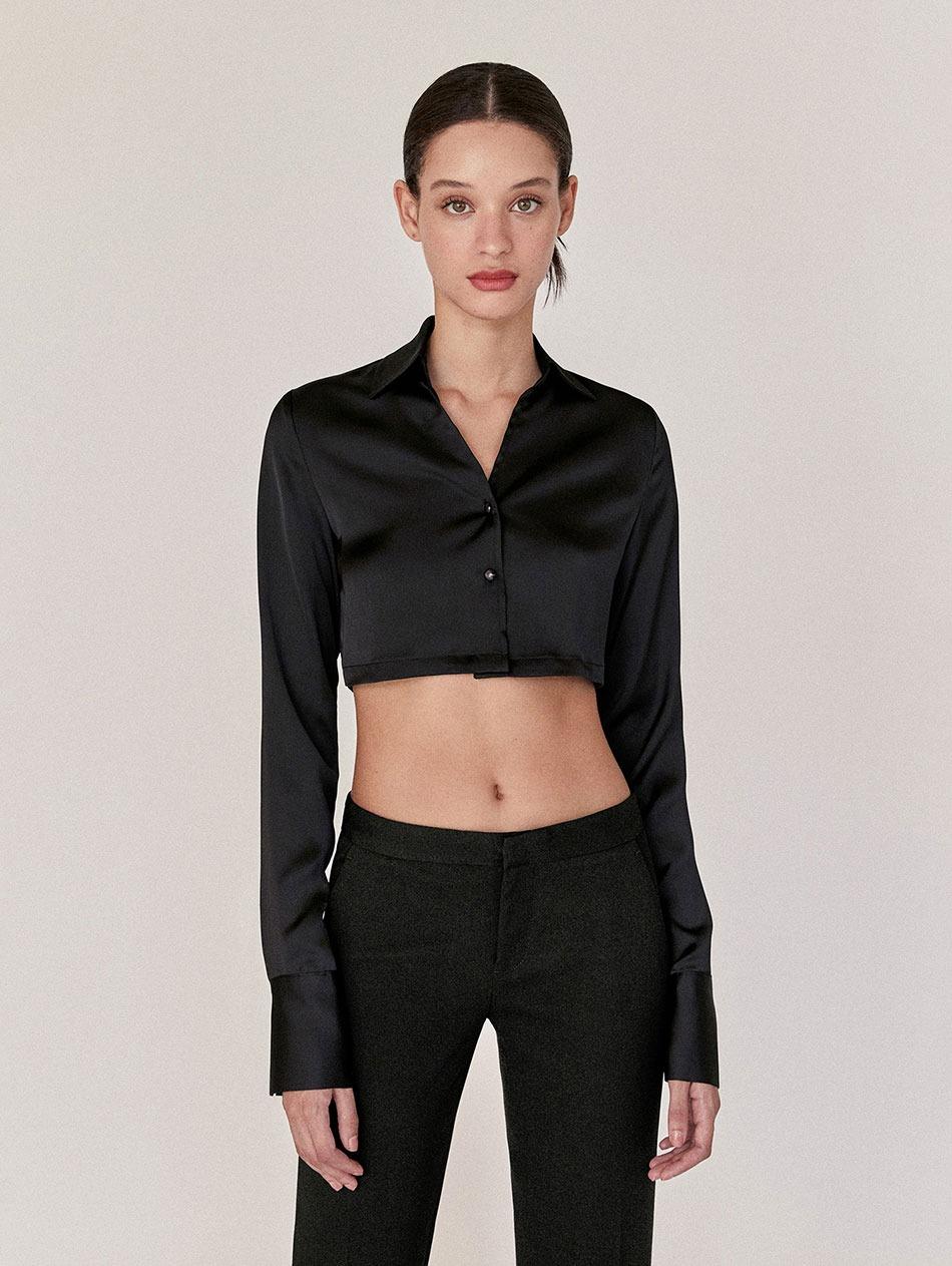 Black Marais Silky Cropped Ribbon Blouse