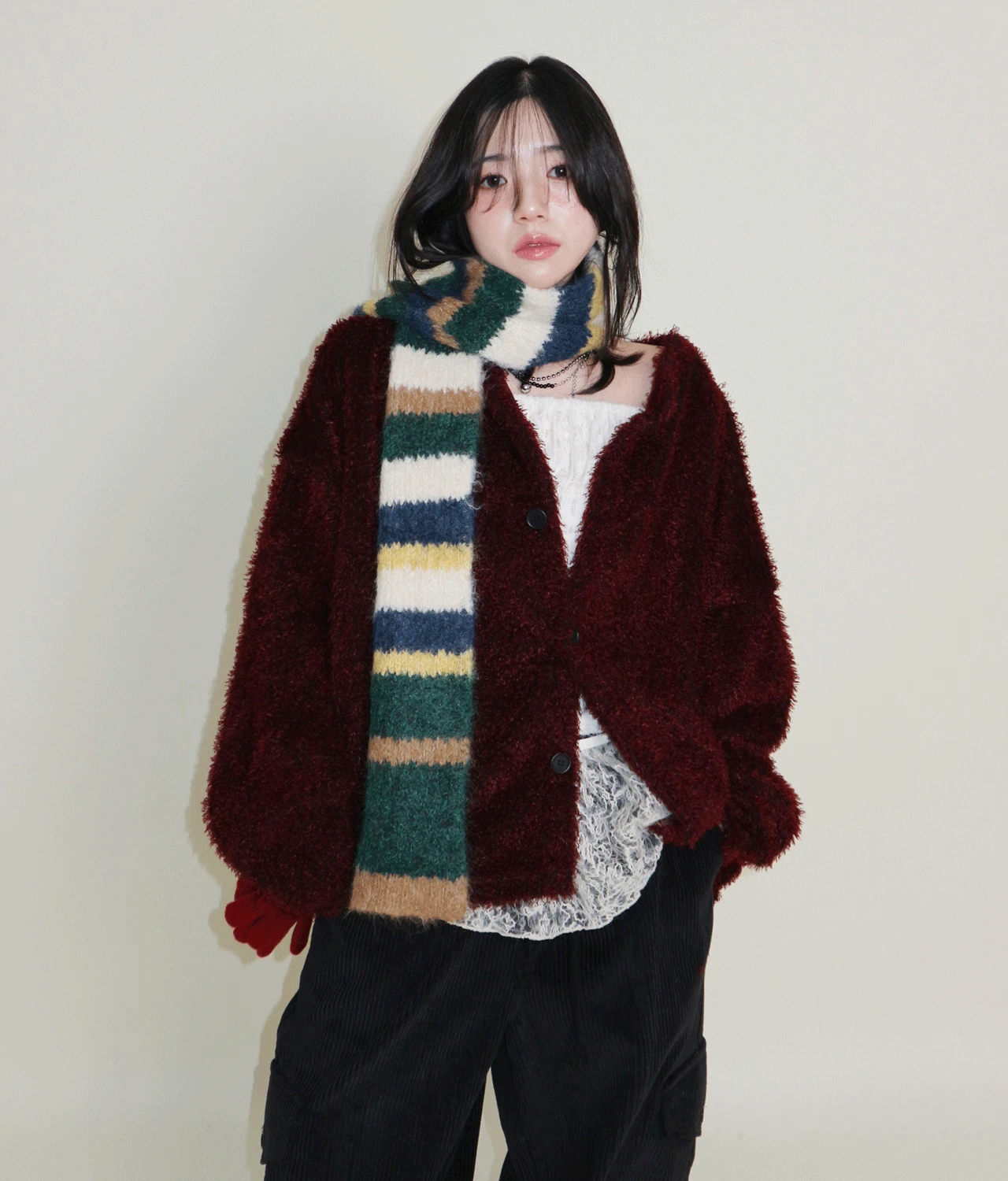 레이 부클 라운드 겨울 가디건