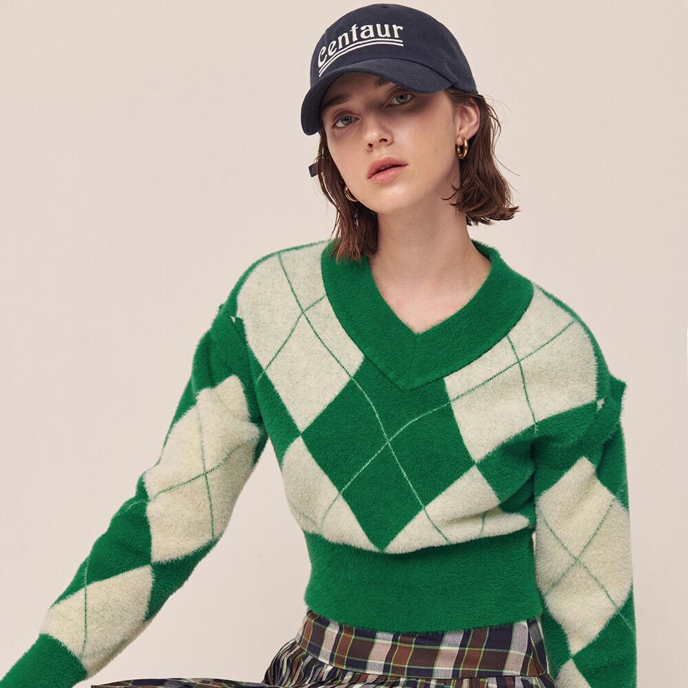 TC21AWKN02GN] FLUFFY ARGYLE SLEEVE CUT KNIT TOP [GREEN]