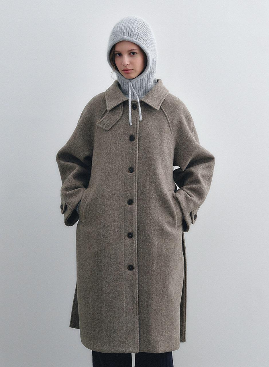 헤링본 울 롱 코트 - 베이지