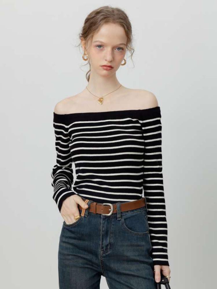 EGGKA 에그카티셔츠 오프숄더 슬림핏 니트 셔츠 티셔츠