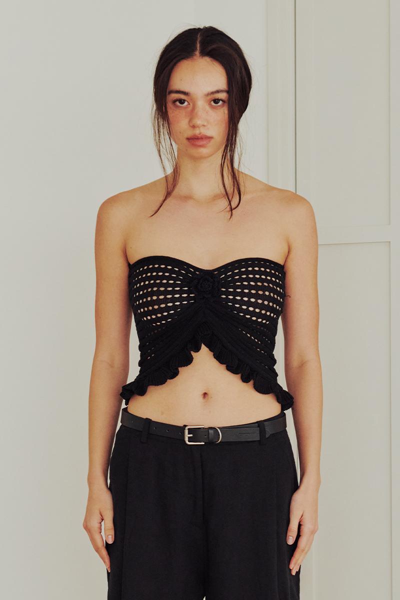 Flower Ruffle knit Top (BLACK)