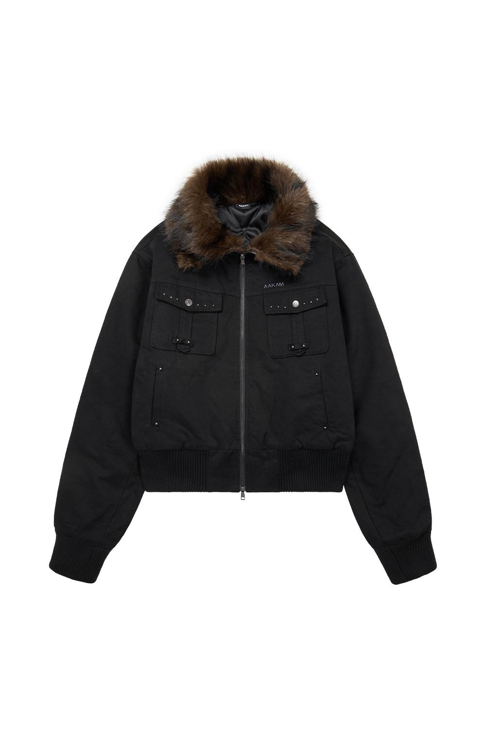 Studded High Neck Fur Jacket (Black)