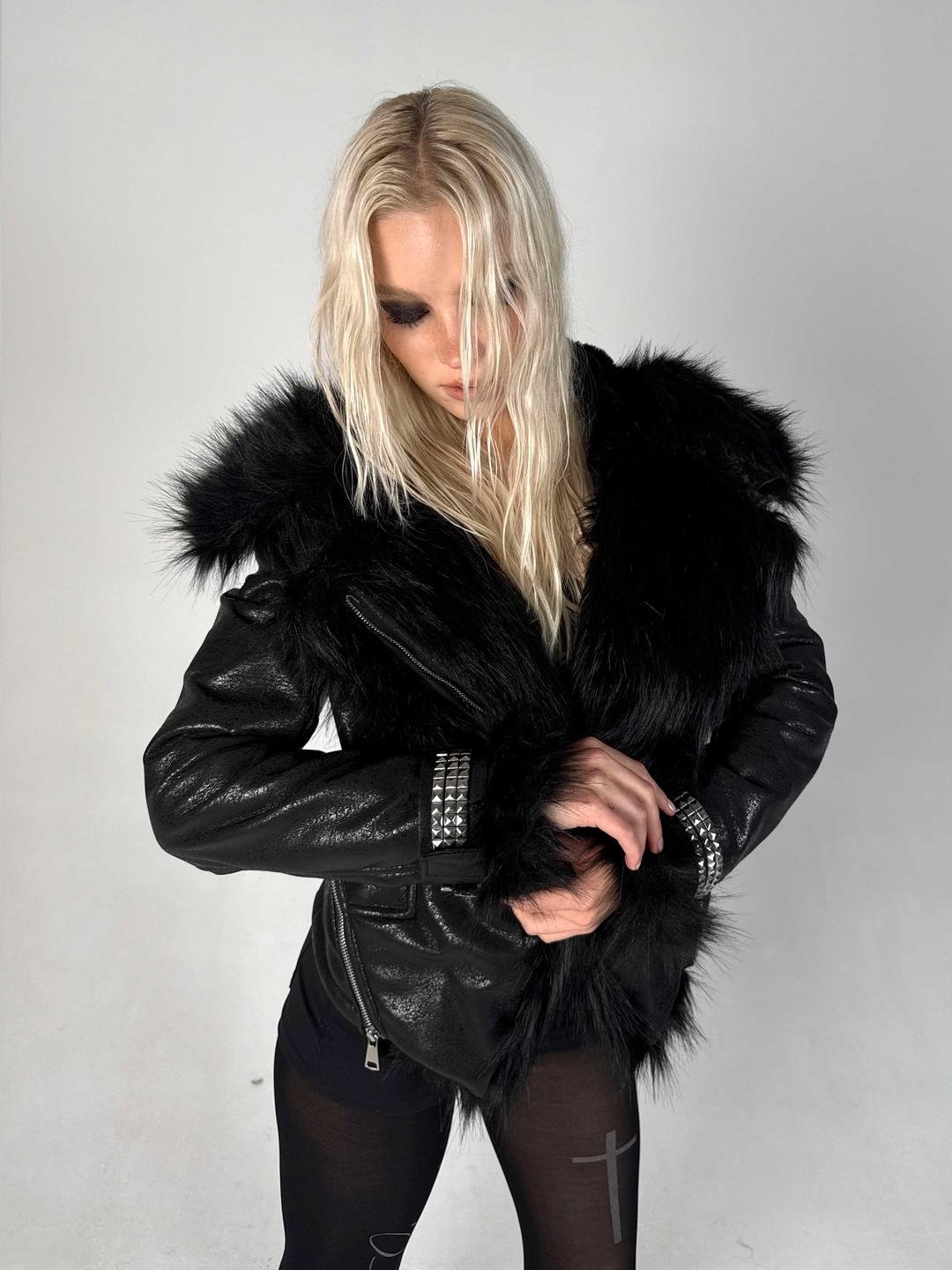 SIXMOKI Stamped Rivet Slanted Zipper Fur Collar Slim Fit Fur Jacket