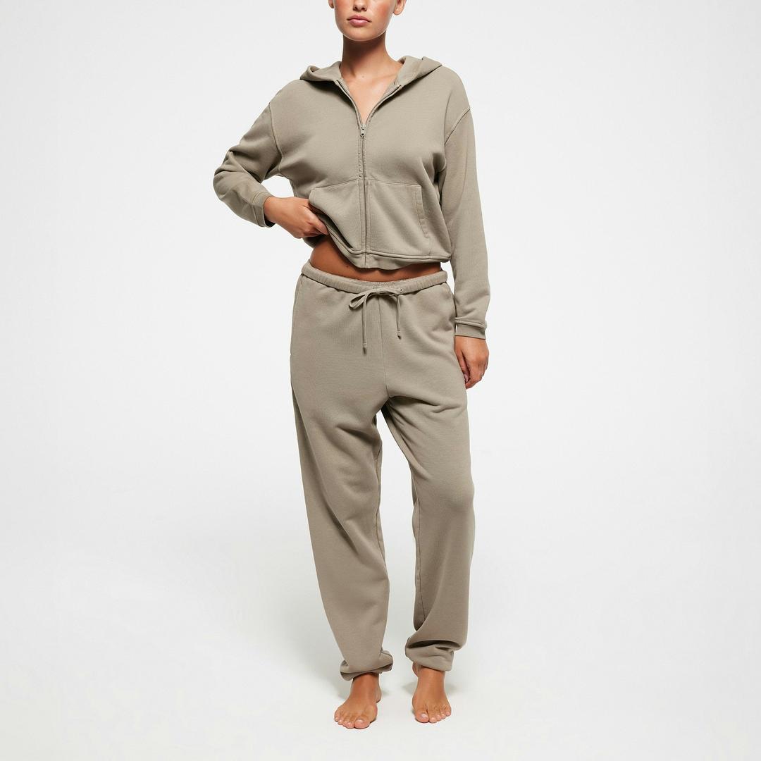 FRENCH TERRY SHRUNKEN ZIP UP HOODIE | TAUPE