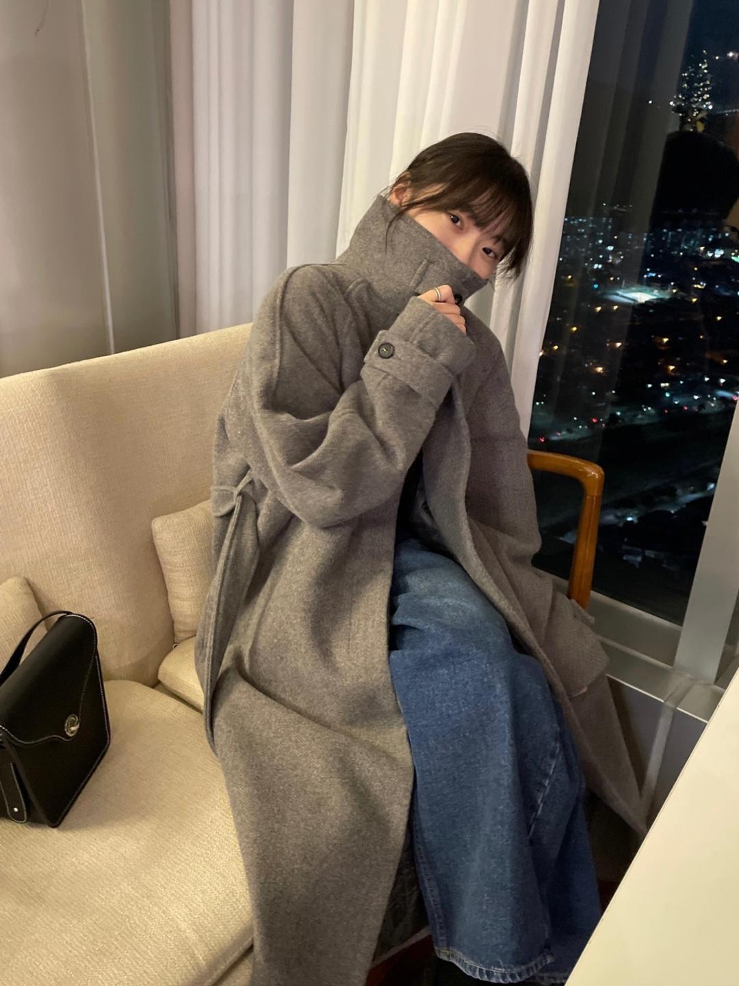 울 래글런 누빔 롱 코트