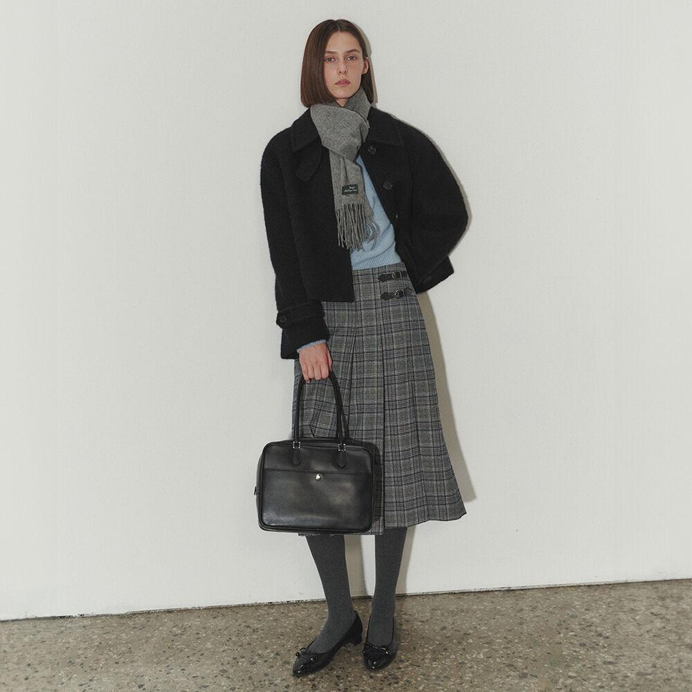 BELTED PLEATS CHECK LONG SKIRT GREY CHECK_UDSK3D221G3