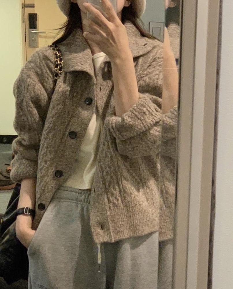 당일 objet 오브제 트램프 셔틀랜드 울 니트 가디건 울100 카라 꽈배기