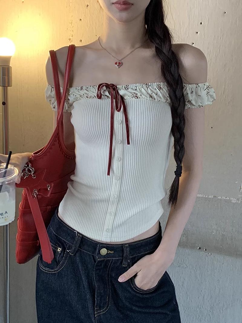 Mini Flower Pattern Splice Off Shoulder Button Ribbed TEE