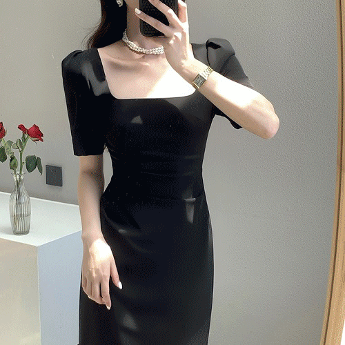 [당일출고] 결고 봄 여름 하객룩 브라이덜샤워원피스 블랙 화이트 피로연 상견례 스퀘어넥 롱원피스 르뚜앙