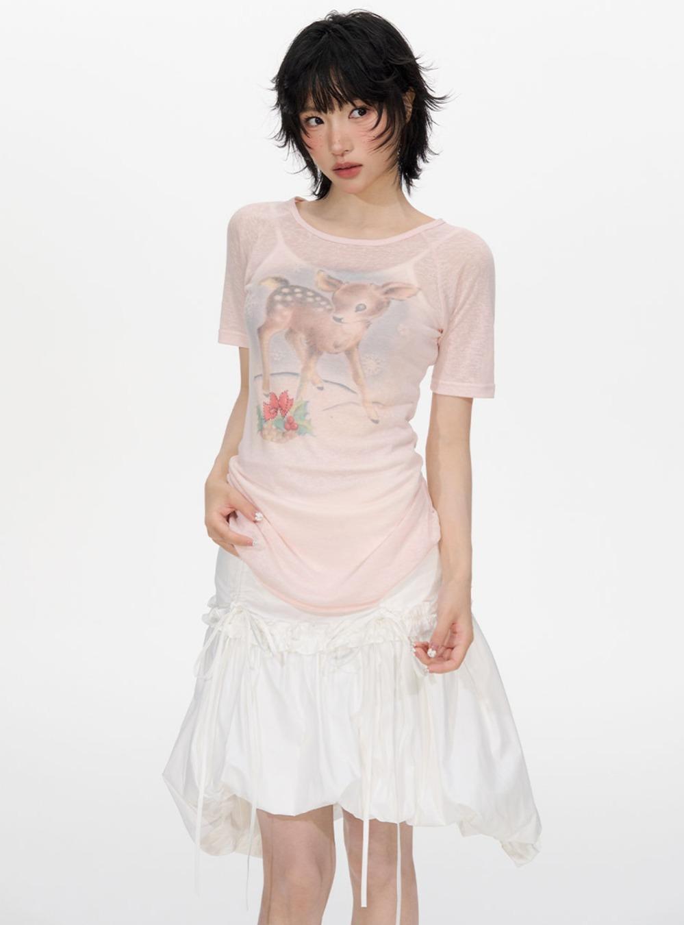 Deer Printing Slim Fit Round T-Shirt (2color)