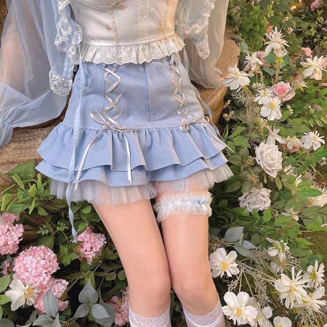 Harajuku Kawaii Fashion Fairycore Corset Lacing Ruffle Shorts - blue / S