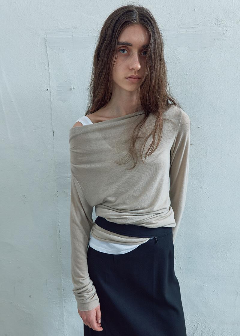 ASYMMETRIC WOOL DRAPE TOP IN TAUPE