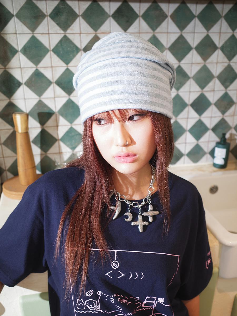 OVERSIZED STRIPE BEANIE LIGHT BLUE