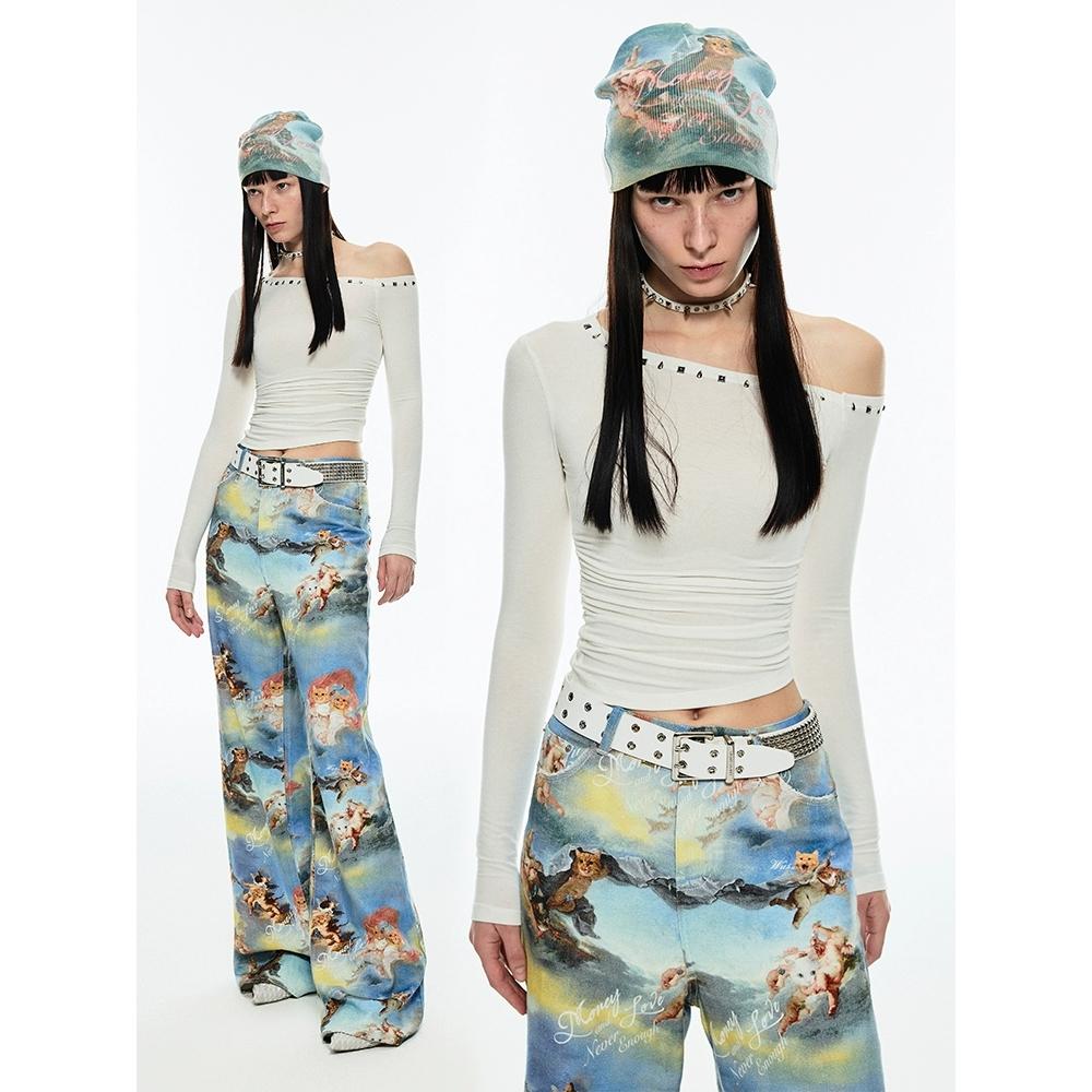 1JINN STUDIO 원진스튜디오 오프숄더 사선 스터드 셔링 티셔츠