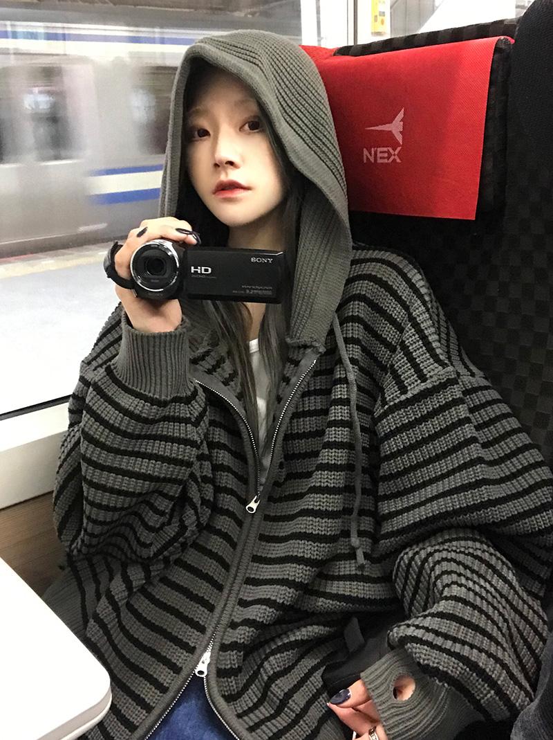 STRIPE WARMER KNIT HOOD ZIP-UP (3color!)