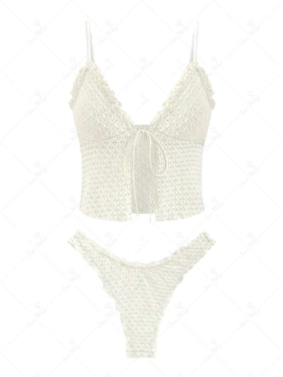 Seamolly Tie Slit Spaghetti Strap High Leg Ruffles Tankini Set