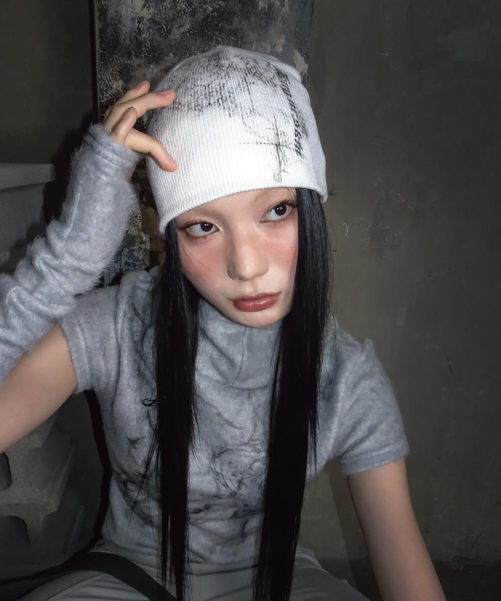 Printed knit short beanie (White)