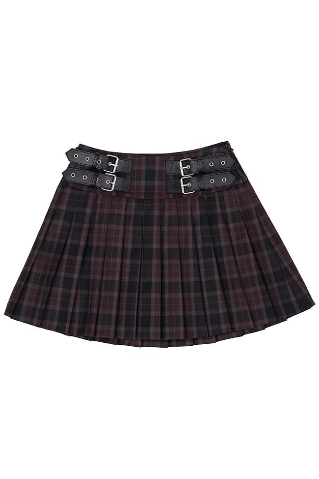 4BELTED PLEATED MINI SKIRT IN BURGUNDY CHECK