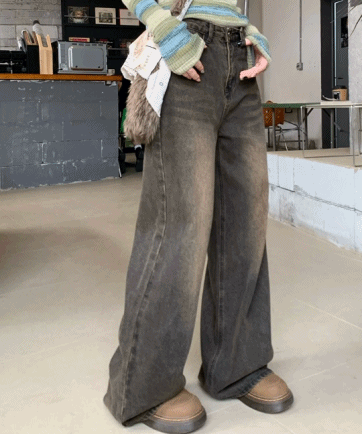 모어라벨 [빈티지무드!] 브라운 워싱 데님 와이드 팬츠