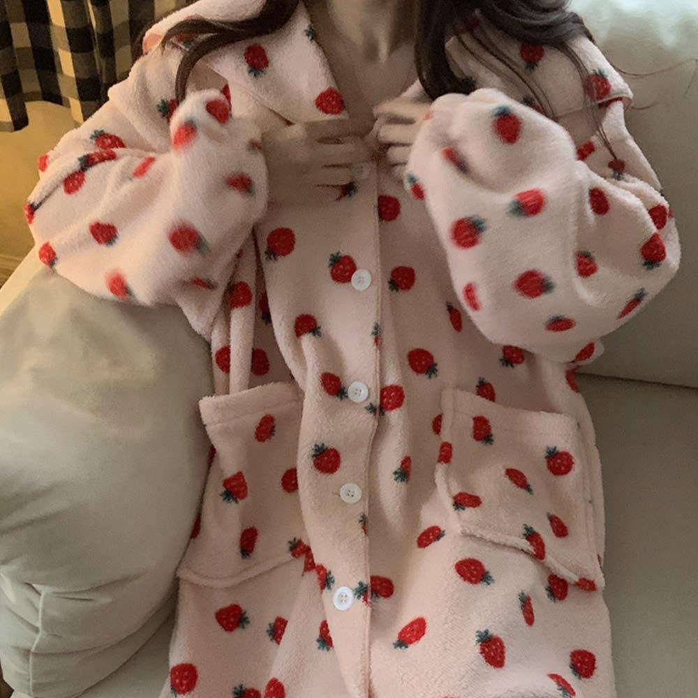 딸기 담요 수면 원피스 파자마 따뜻한 극세사 임산부 빅사이즈 선물 파티