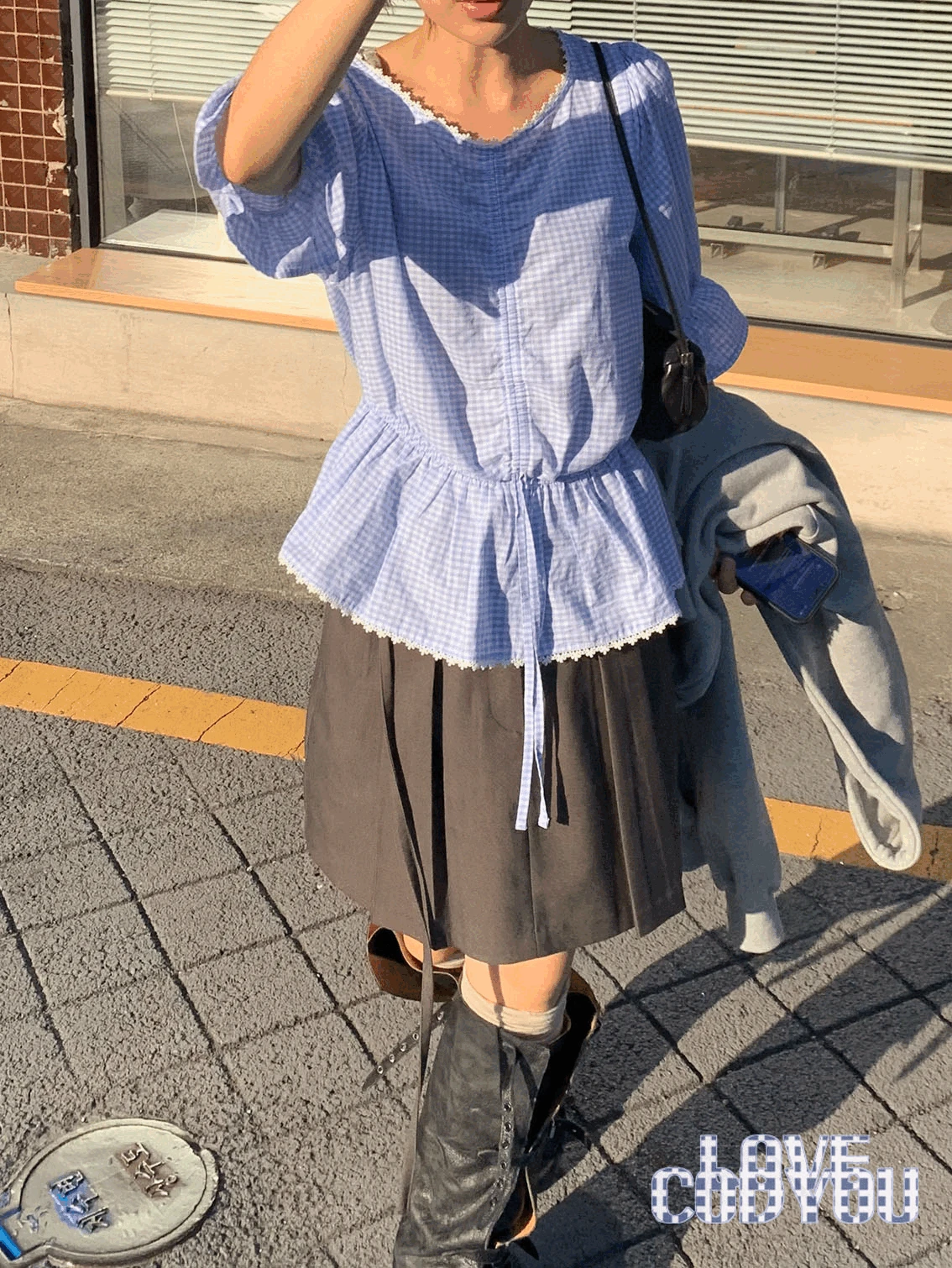 (made♥) 2way string lace blouse (check)