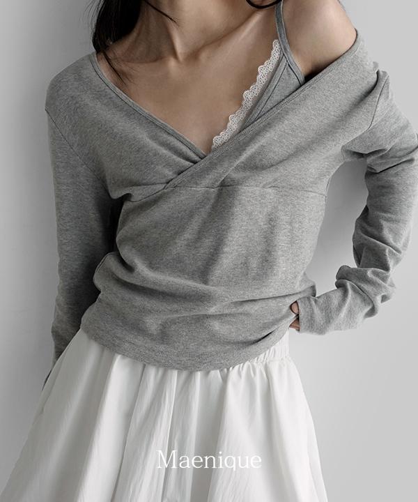 매니크 [🧊여름/MNQ] 티어넌 레이어드 브이넥 긴소매 티셔츠