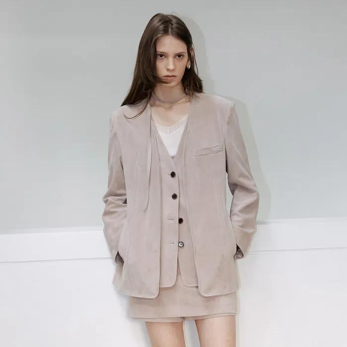 Faux Suede Collarless Layered Jacket SL6XJ938-91