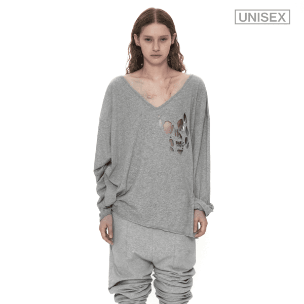 V-NECK TEE WITH SKULL CUTOUT IN GREY