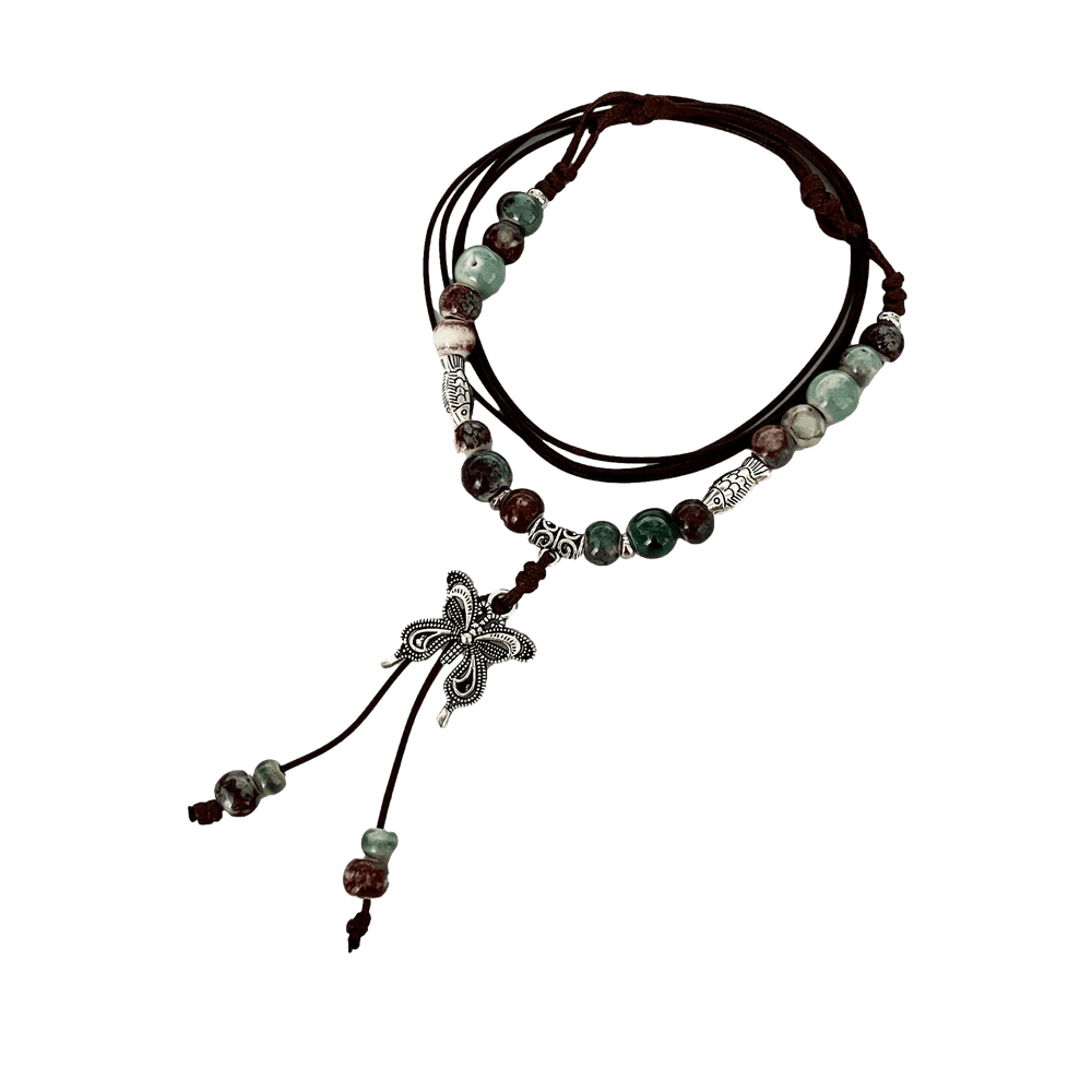 히피와이 [Vintage] 나비 원석 가죽 줄 매듭 목걸이 롱 실버 보헤미안 빈티지 도양풍 오리엔탈 믹스