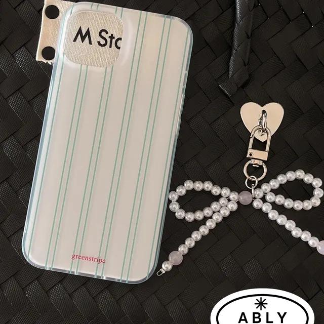 🌵🌵리본 키링 매트 그린 스트라이프 하드 아이폰 케이스[12 13 14 15 프로 맥스 젤하드 감성 인스타 심플]