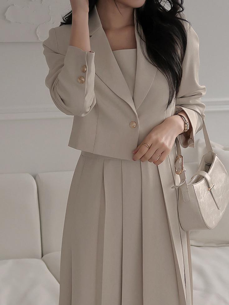 [26SS/여리실루엣] [44-120] 리브엘르 테일러드 자켓 스퀘어넥 뷔스티에 투피스 세트( 봄-신상-데일리룩-데이트룩-출근룩-하객룩-격식룩-오피스룩-상견례룩-소개팅룩-빅사이즈-120사이즈-자체제작-원피스-셋업 )