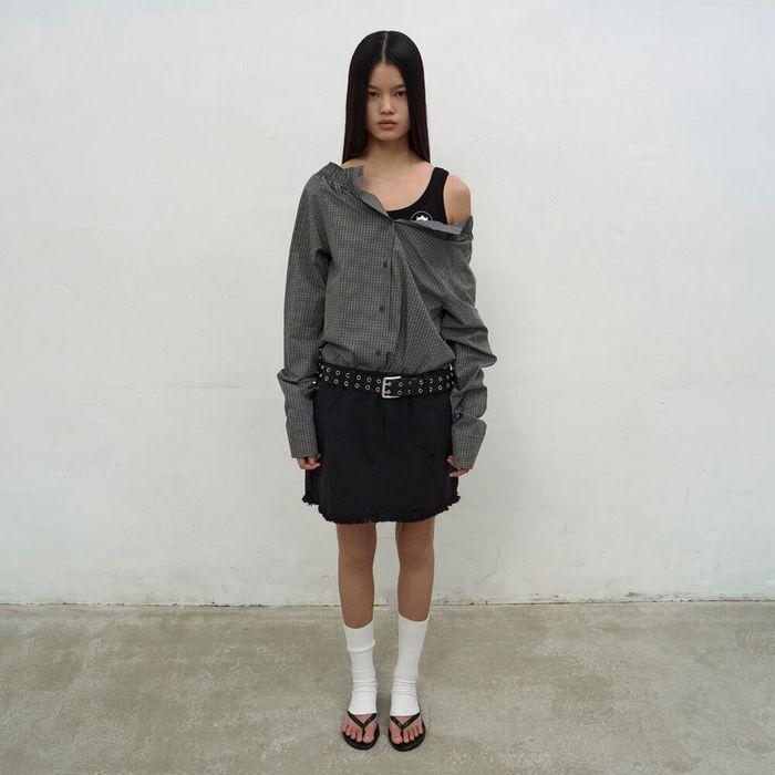 DOUBLE WAISTED DENIM MINI SKIRT (BLACK)