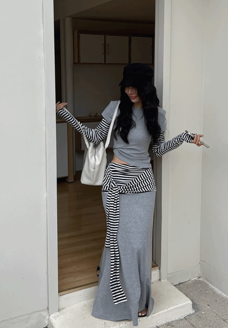 단가라 믹스 티셔츠 스커트 세트(26016)