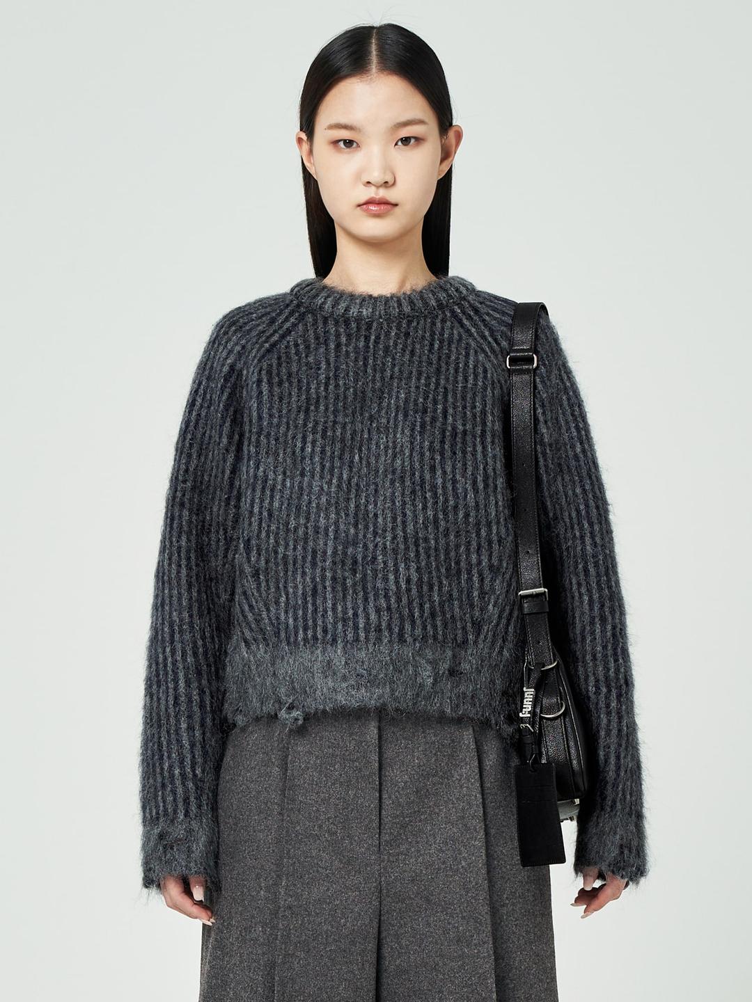 투톤 라운드 니트 풀오버 - 그레이