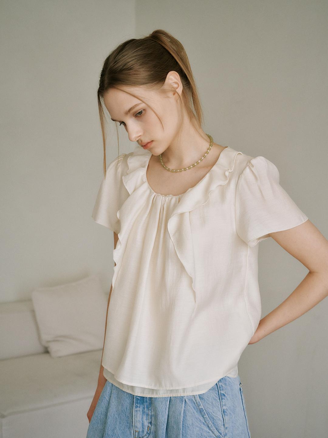 SHEER FRILL FLARE BLOUSE [ CREAM ]