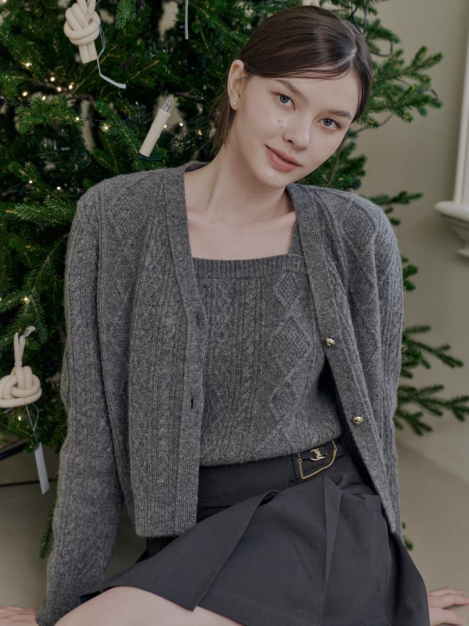 캐시미어 케이블 니트 가디건&탑 세트_Charcol Grey