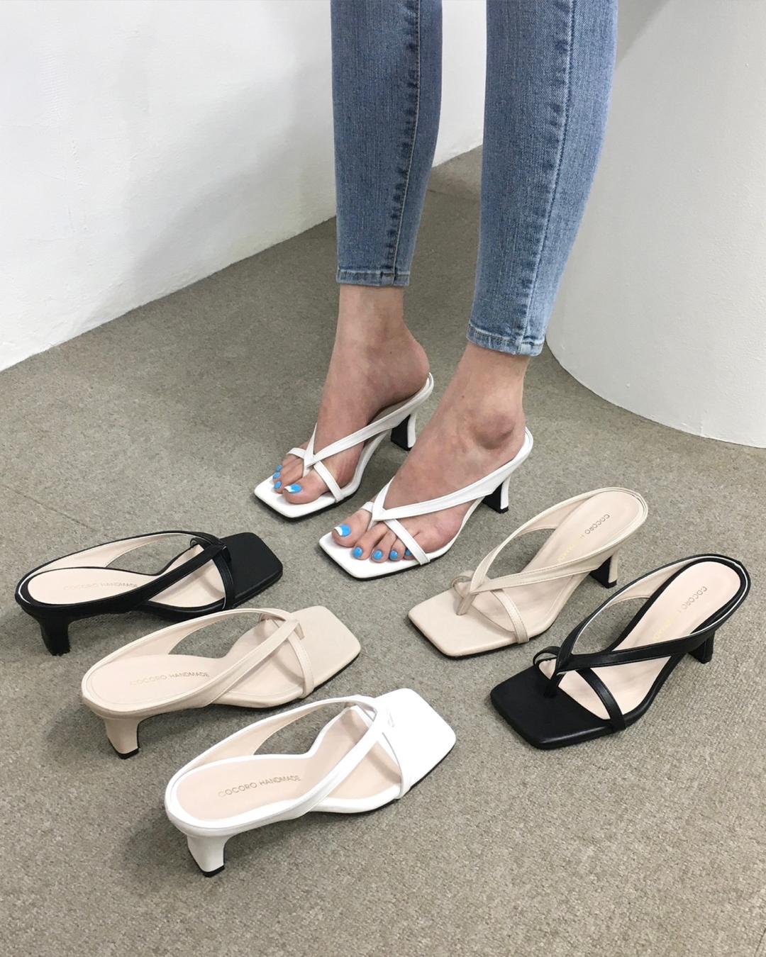 [당일배송/국산수제] 5cm,7cm 스퀘어 쪼리 하프 통굽 슬리퍼 샌들힐