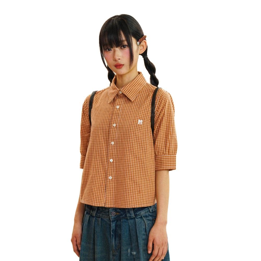 MOROMORO2 체크셔츠 크롭 반소매 데일리 학생 셔츠