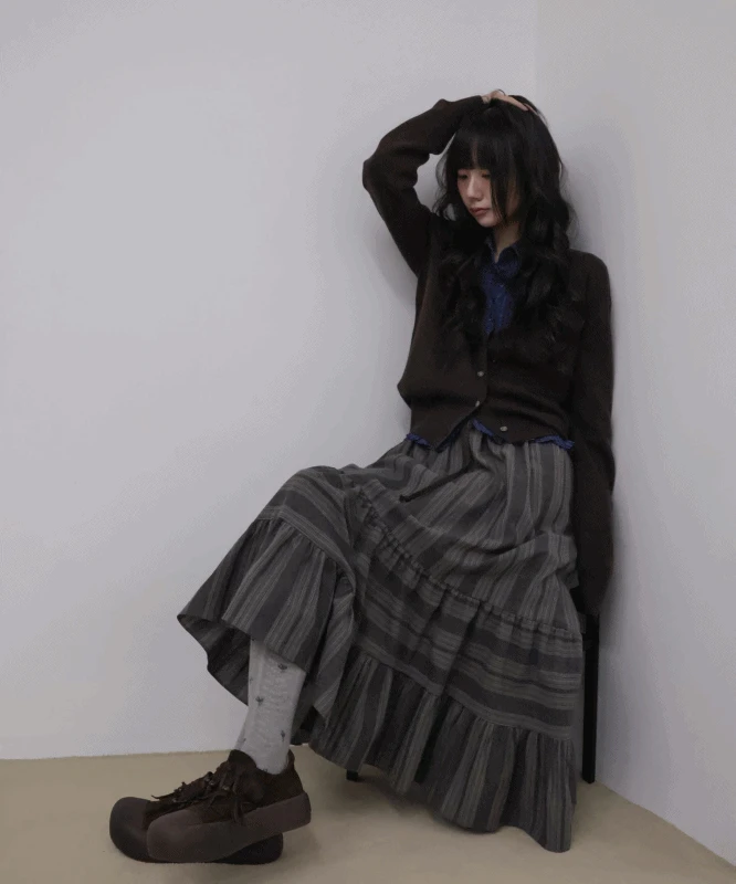 앤티크 스트라이프 셔링 롱스커트