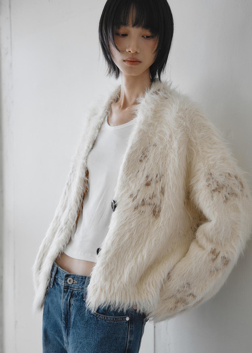 Jacquard Hairy Cardigan (Ivory)