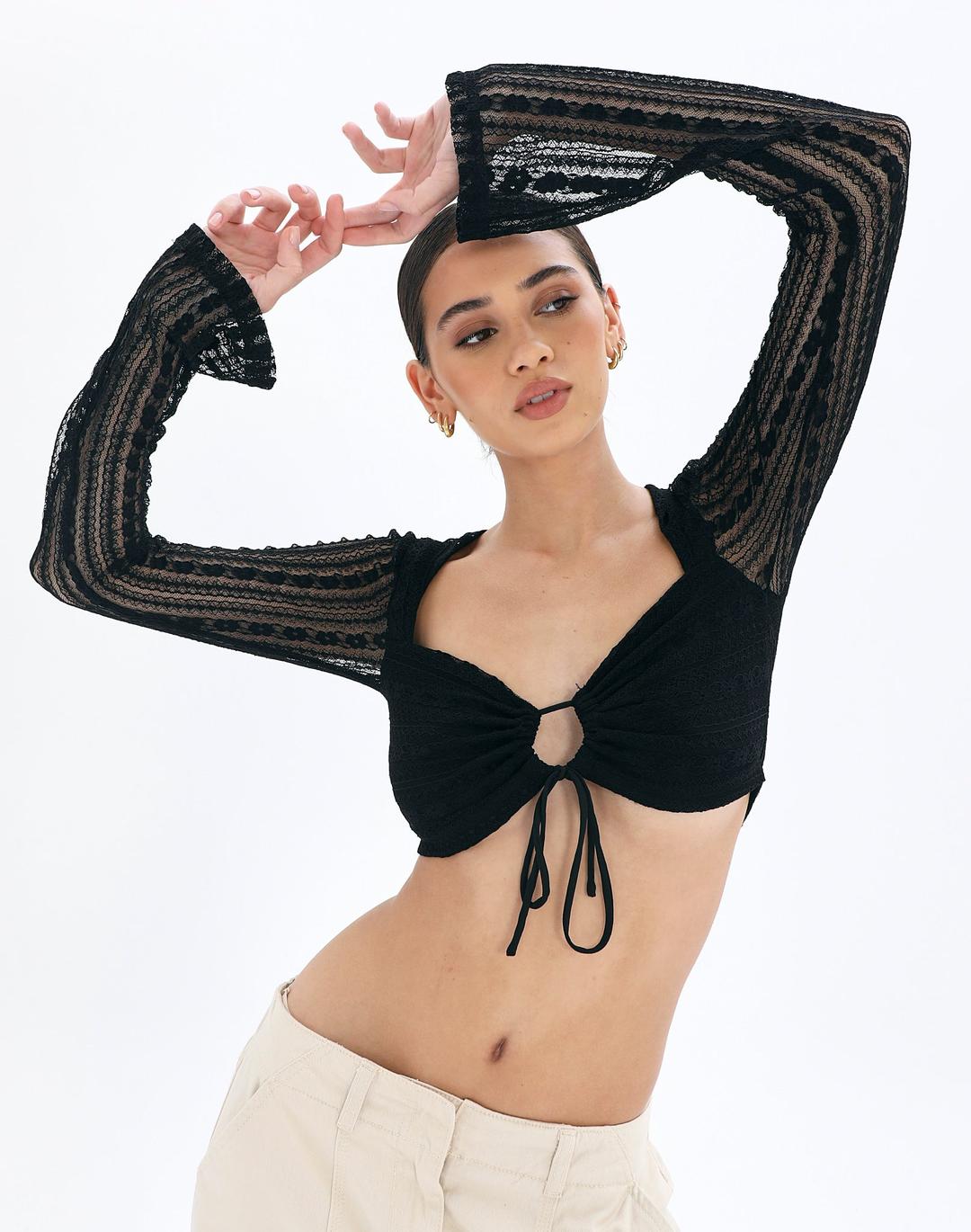 Lace Long Sleeve Tie Front Crop Top