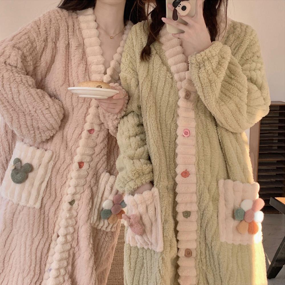 몽실몽실 수면 롱 원피스 극세사 수면 잠옷 겨울 홈웨어 루즈핏 빅사이즈 파자마 가운 단추