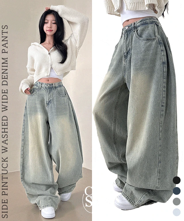 인스타 문의 대폭발[숏&롱/비율완성핏] 사이드 핀턱 워싱 와이드 데님팬츠