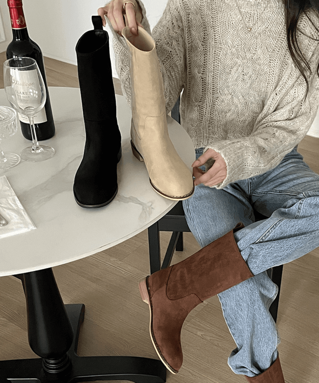 라운드 기본 스웨이드 하프 반부츠 통넓은 미들부츠 2cm